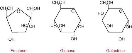 glucose, fructose and galactose monosacharides arrangement c6h12o6