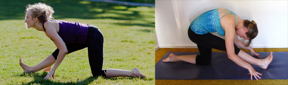 Natural curve in lower back on left (good). Rounded back on right (bad).